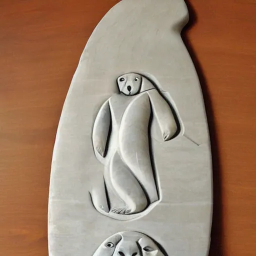 Prompt: soapstone carving of a bear on a sup, stand up paddleboard, in the style of soapstone carving, in the inuit style, stone,