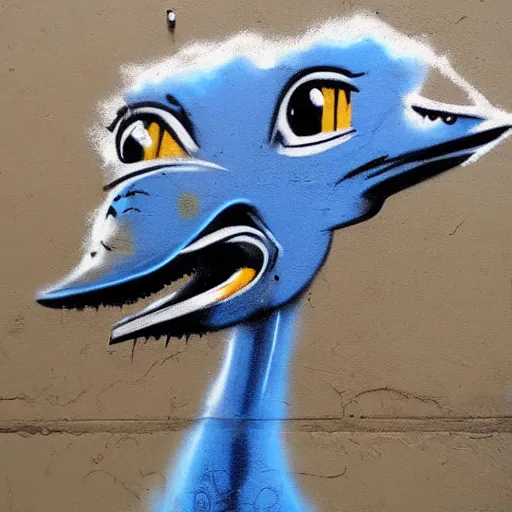 Prompt: a blue ostrich, graffiti by bansky