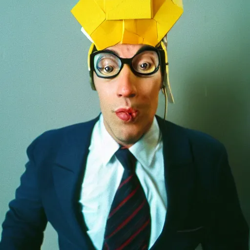 Prompt: Portrait of a man with in business suit with an old Tv on his head, 1980s, 35mm film color photography