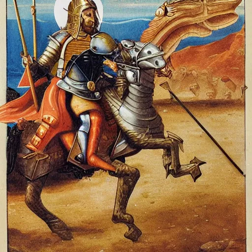 Image similar to saint george the knight on a horse fighting a dragon with a spear, by andrej dugin, olga dugina