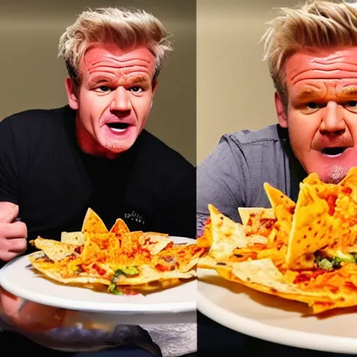 Image similar to Gordon Ramsey reacting to very very extremely delicious nachos expertly arranged and presented