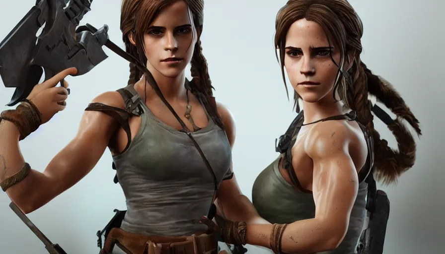 Image similar to hand painted figurine of emma watson as lara croft, hyperdetailed, artstation, cgsociety, 8 k