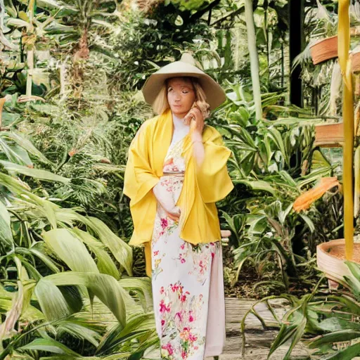 Prompt: head to waist medium format portrait photograph of an elegant blond woman wearing a yellow kimono in a tropical greenhouse. looking at the camera!!. super resolution. 85 mm f1.8 lens.bokeh.graflex. Alessio albi