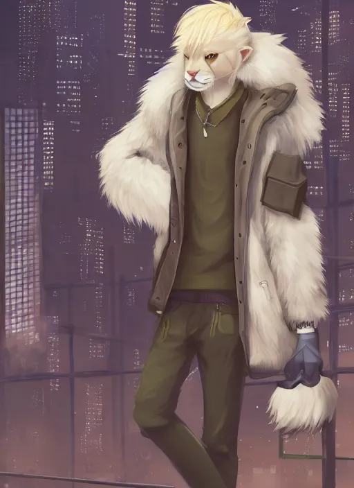 Image similar to character portrait of a male anthro albino mountain lion fursona with a cute beautiful attractive furry face wearing stylish clothes in a cyberpunk city at night while it rains. hidari, color page, tankoban, 4K, tone mapping, Akihiko Yoshida.