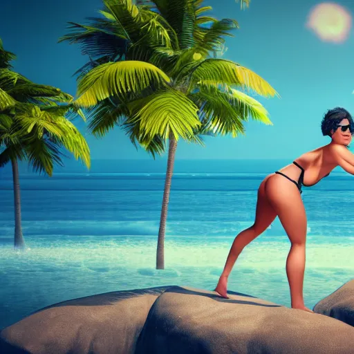 Prompt: king kong in a bikini clearing a space for himself at the beach, cinematic, octane render, sunny day, tropical island.