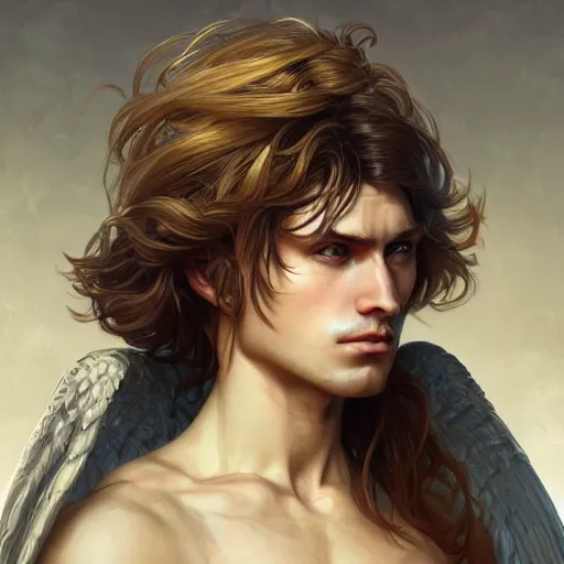 Image similar to up close portrait of a male angel, d & d, face, fantasy, intricate, elegant, highly detailed, digital painting, artstation, concept art, smooth, sharp focus, illustration, art by artgerm and greg rutkowski and alphonse mucha