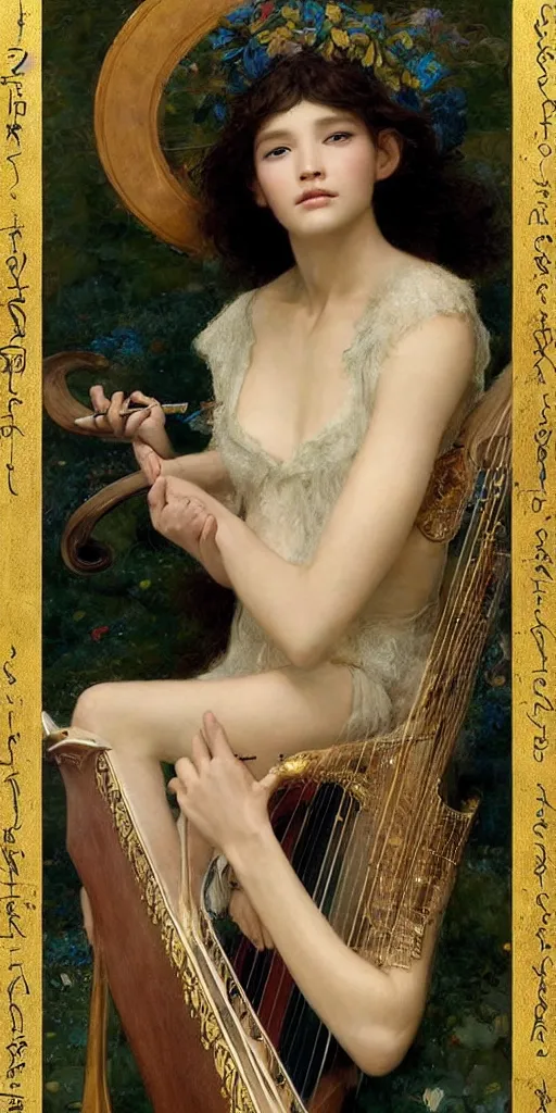 Prompt: masterpiece of a shy delicate elf bard, playing on a harp, followed by a shadow, beautiful face and flawless skin, perfect hands by Edgar Maxence and Ross Tran and Michael Whelan