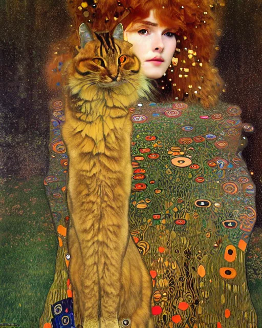 Prompt: forest cat portrait an oil painting splashes with many colors and shapes by gustav klimt greg rutkowski and alphonse mucha, polycount, generative art, psychedelic, fractalism, glitch art