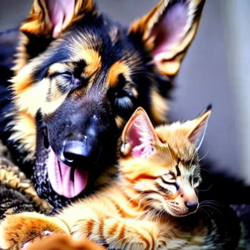 Image similar to detailed german shepherd sleeping in arms with a detailed kitten