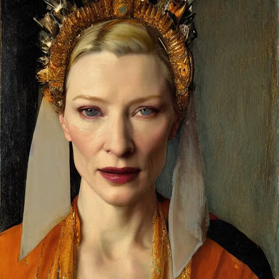 Image similar to cate blanchett by Annie Swynnerton and Nicholas Roerich and Vermeer, strong dramatic cinematic lighting , ornate headdress , lost civilizations, smooth, sharp focus, extremely detailed