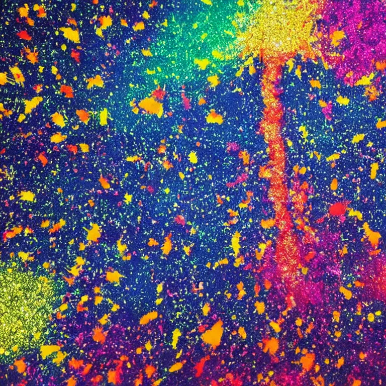 Image similar to huge explosion with mushroom cloud, birds eye view, glitter, paint splatters, fireflies, small group of people get covered in paint and glitter