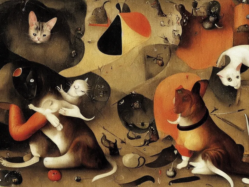 Image similar to Beautiful painting of the friendship of a cat and dog by Hieronymus Bosch