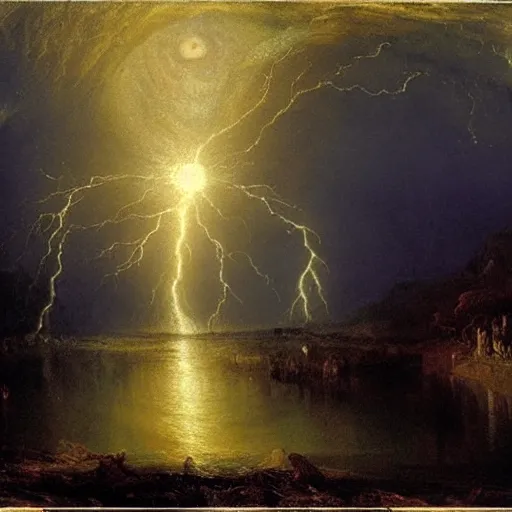 Prompt: river of lightning beneath a full moon, thomas cole, j.m.w. turner, howard hawks