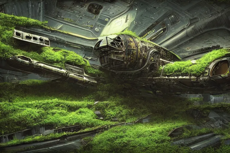 Image similar to derelict spaceship on an alien world, hyper detailed, overgrown with moss, rusty metal, cinematic lighting