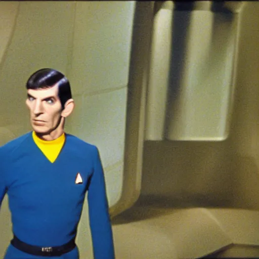 Image similar to color photo of mr spock blue uniform exiting the tardis