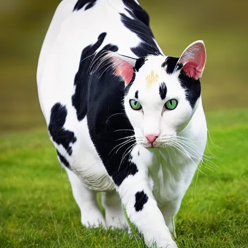 Image similar to a hybrid of a cat and a cow, 8 k, 4 k, professional photography, award winning photo