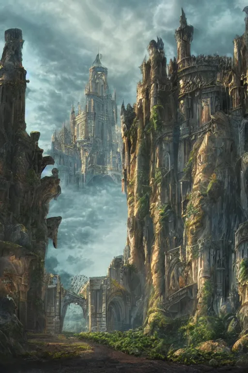 Prompt: gigantic castle, adorned pillars, towers, landscape, alex ross, neal Adams, david finch, concept art, matte painting, highly detailed, rule of thirds, dynamic lighting, cinematic, detailed, denoised, centerd