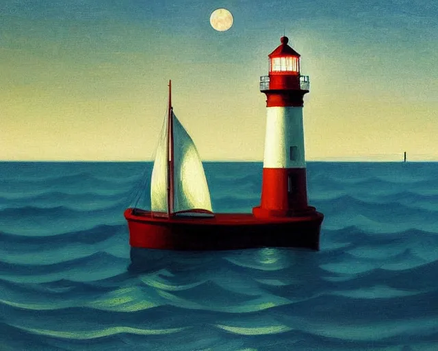 Image similar to a stunning maritime painting of a sailing ship, a lighthouse, the moon, a small house with the lights on, by edward hopper, award winning art, moody lighting