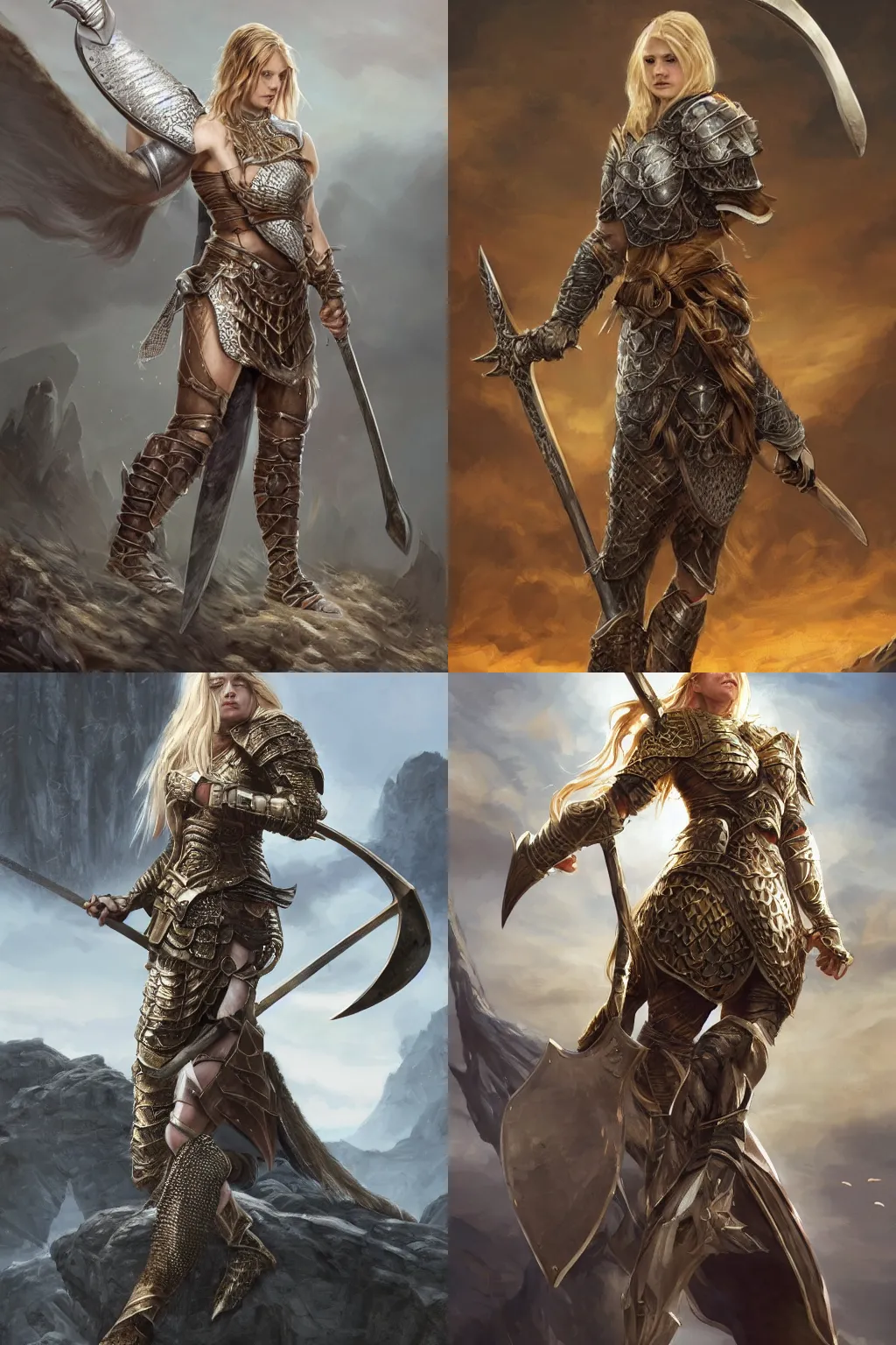 Prompt: full body shot of a courageous, hopeful, strong young female warrior with shoulder length golden hair, freckles, and no makeup, wearing full chain mail armor and wielding a halberd, a white hawk perched on her shoulder, establishing shot, trending on artstation, digital matte painting, professional art, cgsociety, artgerm, dungeons & dragons