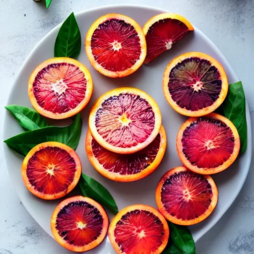 Prompt: a plate of blood orange slices, blood orange wedges