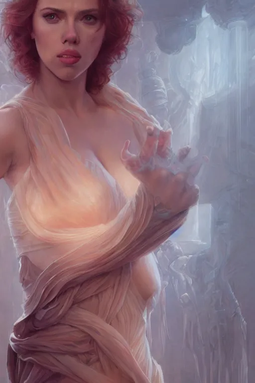 Image similar to Scarlett Johansson wearing the Outfit of GWYNEVERE, anatomy, only two hands, highly detailed, digital painting, artstation, concept art, smooth, sharp focus, illustration, Unreal Engine 5, 8K, art by art by artgerm and greg rutkowski and edgar maxence