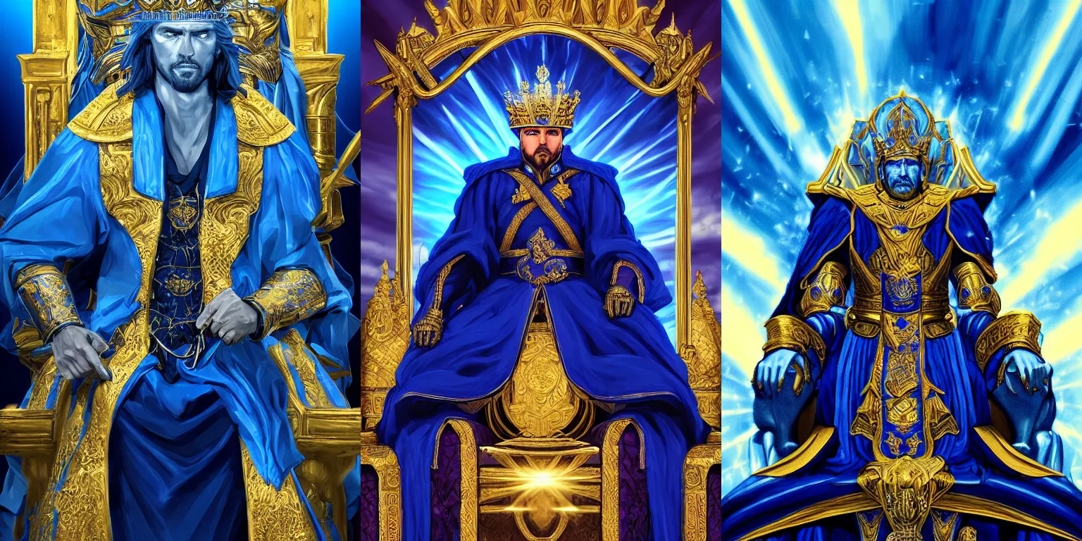 Prompt: Half-length portrait of the azur emperor king sitting on its throne. Blue clothing, gold heavy armor. Dramatic, bloom, shadows, god rays. High fantasy, digital art, HD, 4k, detailed, illustration.