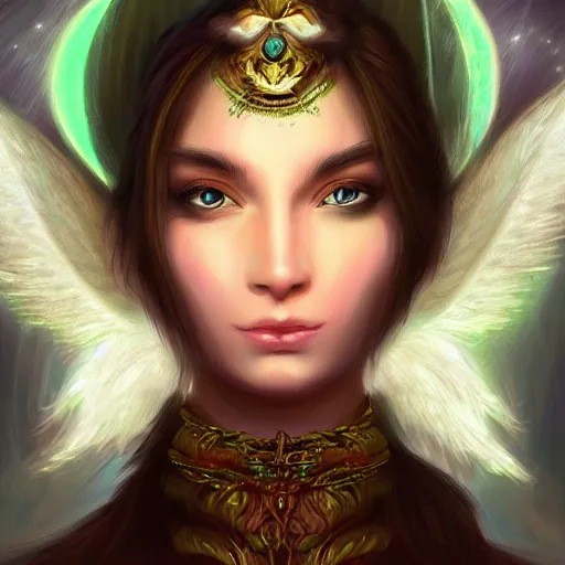 Image similar to fantasy portrait angel cat with emerald in head looking towards camera, high detail, digital art, beautiful , concept art,fantasy art, 4k