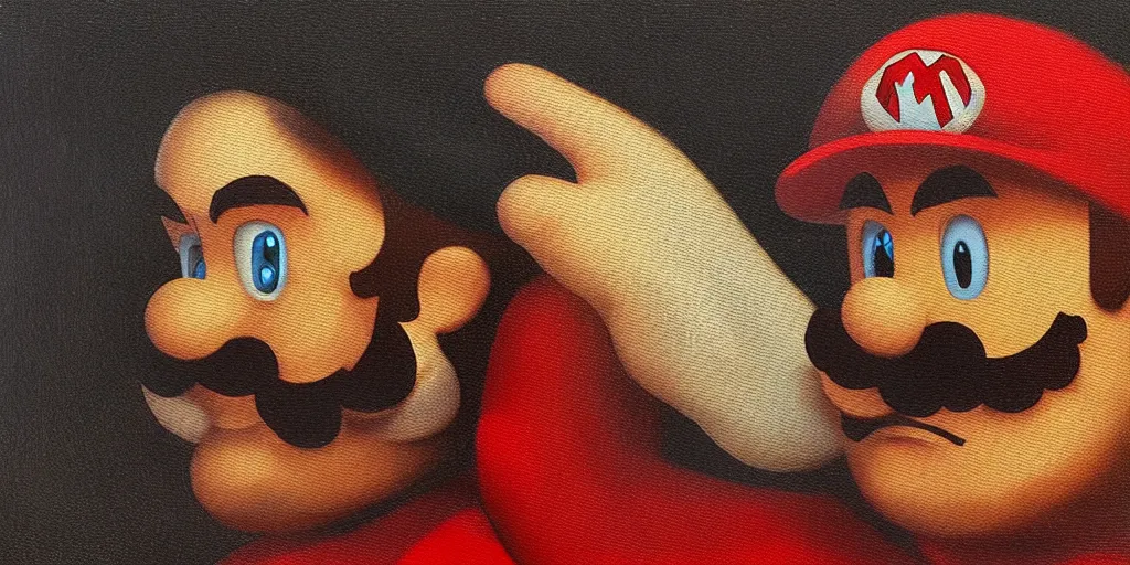 Prompt: oil painting portrait of Super Mario by Leonardo da Vinci