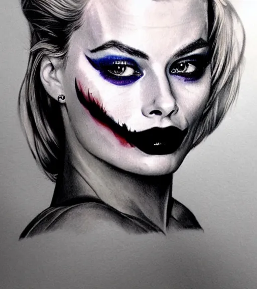 Image similar to tattoo design sketch of beautiful margot robbie portrait with joker makeup, in the style of den yakovlev, realistic face, black and white, realism tattoo, hyper realistic, highly detailed, award winning drawing