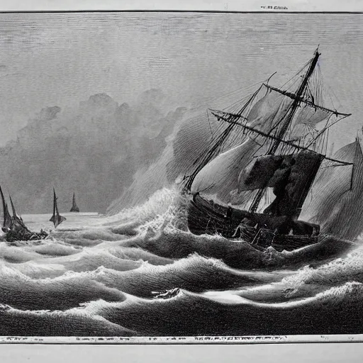 Prompt: a sea tragedy in black and white as printed in a newspaper from 1850