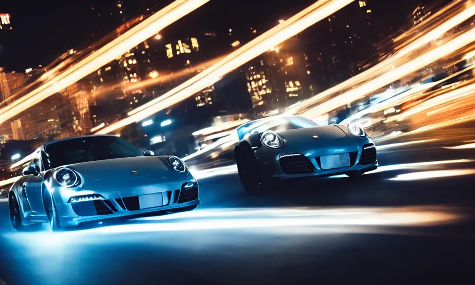 Image similar to photo of a porsche 911 at night drifting through a city, cinematic, 4k, long exposure photography, tokyo drift, fast and furious, film still, night photography, motion blur, lens flare, movie shot, light trail, distortion, wide angle