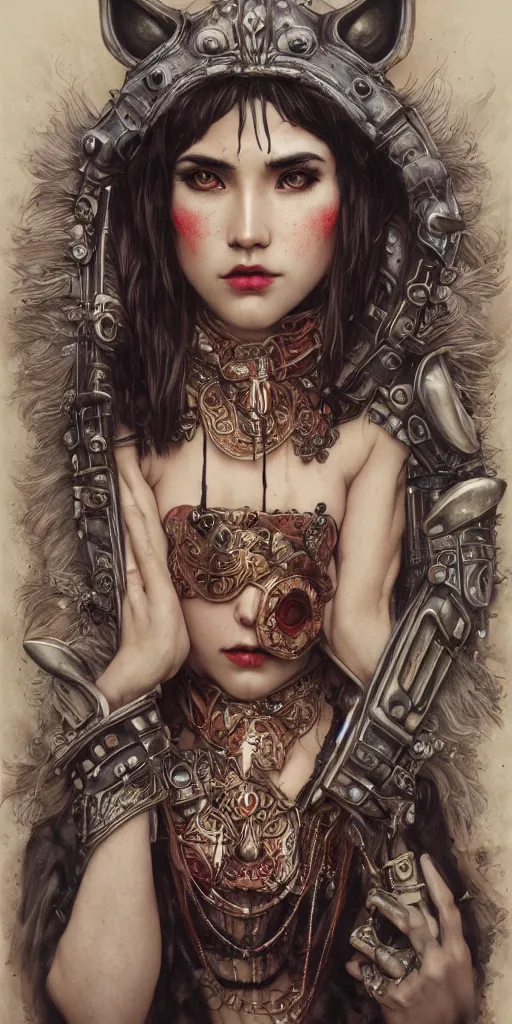 Image similar to hyper realistic Princess Mononoke, ornate mask, wet market street, cyberpunk metropolis, city landscape, jewels, full body pose, wolves, style of tom bagshaw, mucha, james gurney, norman rockwell, denoised, sharp