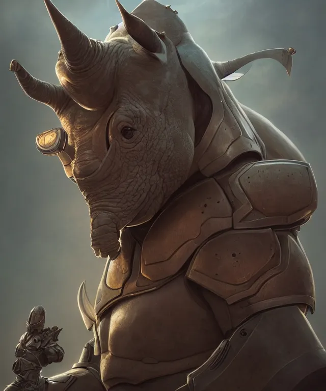 Image similar to A beautiful portrait of an anthropomorphic rhino wearing paladin armor, character design, by Moebius and Artgerm and blizzard studios and Tom Bagshaw, hyper realism, high detail, trending on artstation, unreal engine 5, Lumen, 8k, 38mm photography