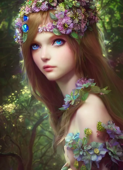 Image similar to portrait of a gorgeous fairy princess of the forest, detailed perfect blue eyes, highly detailed iridescent floral pattern skin, ultra realistic, cinematic lighting, depth of field, artstation, NeoArtCorE