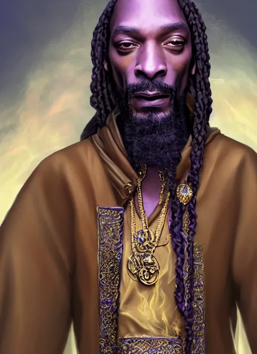 Image similar to snoop dogg as a mage, short beard, grumpy, intricate purple robes, Ivan Aivakovsky, Boris Vallejo, epic fantasy character art, D&D Concept Art, full length, ultra Realistic, Regal, Refined, Detailed Digital Art, Exquisite detail, post-processing, masterpiece, Cinematic Lighting, Unreal Engine, 8k, HD,