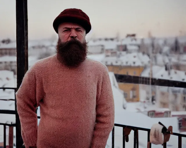 Prompt: lomo photo of 4 0 years russian man with beard and sweater standing on small hrushevka balcony full with cigarette smoke in small russian town looking at sunset, cinestill, bokeh