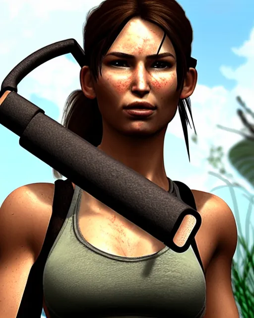 Image similar to portrait of lara croft, focus on her neck, looks thirsty, sweat and heat, muscular sweat