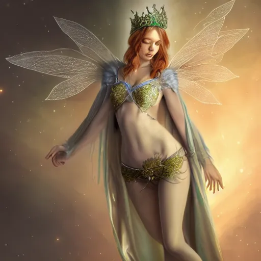 Image similar to a fairy queen with wings wearing a magic silk and lace robe with a hood, crown, pixie, realism, emerald, galaxy, sapphire,blonde hair going down to the floor, moonlit, dark fantasy, dramatic lighting, cgsociety, artstation