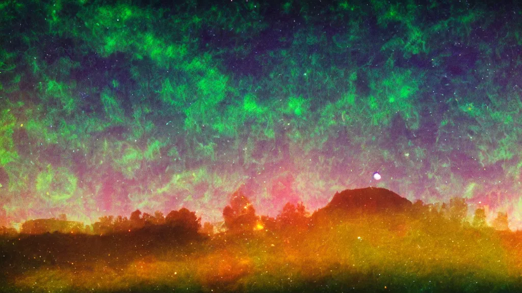 Image similar to double exposure of a beautiful golden hour welsh hill and beautifully enchanted fields, moonlight, aurora borealis, cosmic stars, grainy film, cinematic, haunted psychedelic VHS glitch