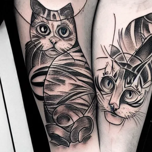 Image similar to two cats holding each other's tail, circle design, tattoo design, inking on skin, designed by Android Jones