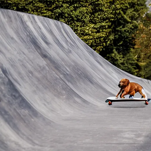 Prompt: dog riding skateboard in halfpipe