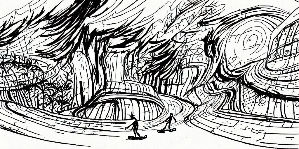 Image similar to traditional drawn colorful animation a solo stranger goes by skateboard to valley symmetrical architecture on the ground, space station planet afar, planet surface, ground, rocket launcher, outer worlds extraterrestrial hyper contrast well drawn Metal Hurlant Pilote and Pif in Jean Henri Gaston Giraud animation film The Masters of Time FANTASTIC PLANET La planète sauvage animation by René Laloux