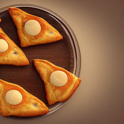 Image similar to concept art full isometric view of a plate with three delicious turnovers with glazing in the style of pixar and disney, octane render, cinema 4 d
