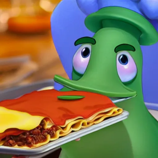 Image similar to cute platypus wearing a chef hat and holding a lasagna with three basil leaves over the lasagna, pixar style, ultradetailed, dramatic