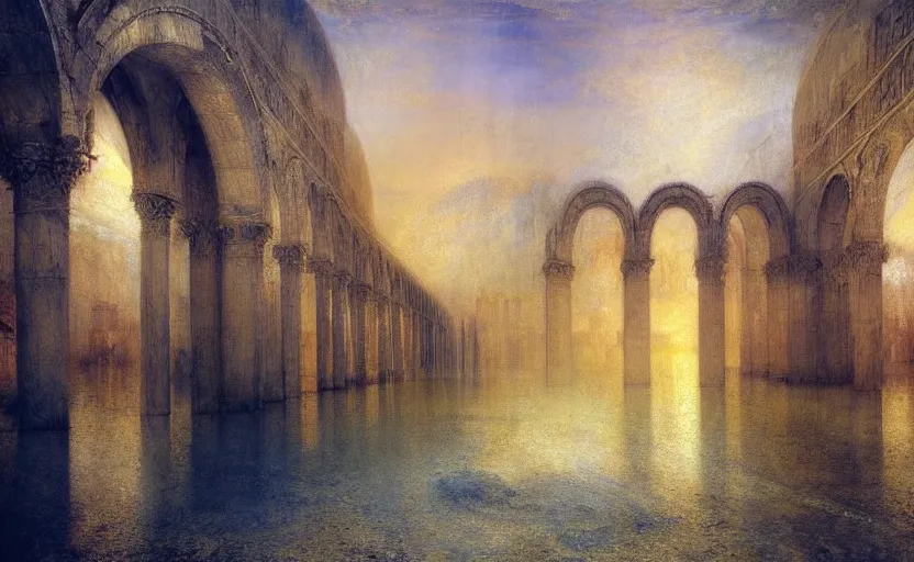 Image similar to tiled room squared waterway, aqueducts, fantasy. intricate. by artstation trending, by joseph mallord william turner, luis royo, konstantin razumov, cinematic lighting, fractal flame, highly detailed