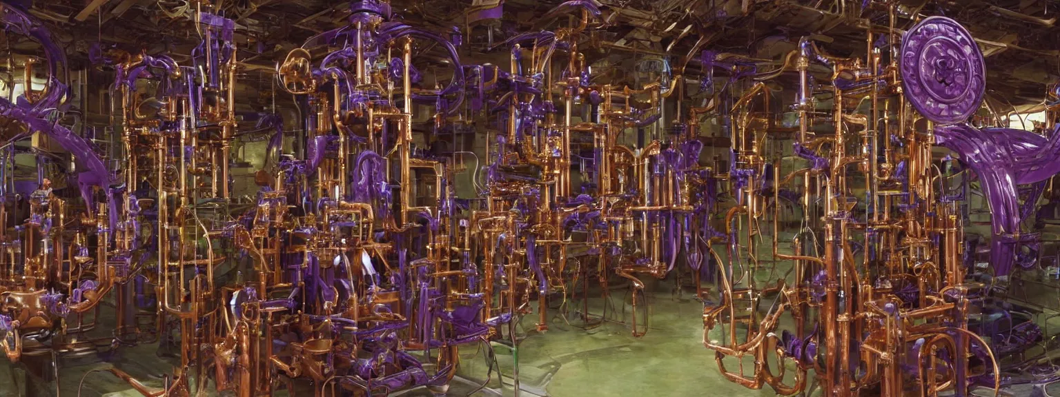 Image similar to a super high resolution film still of machine apparatus for making snake oil, huge copper machine with purple and green intricate pipework, art by andrey remnev, and bruce pennington, directed by denis villeneuve, cinematography by robby muller, kodachrome 8 k, snake machine, cinematic lighting