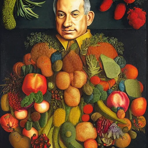 Image similar to portrait of benjamin netanyahu made of fruits vegetables and flowers, by giuseppe arcimboldo