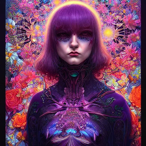 Prompt: hyper detailed masterpiece, neon floral pattern, jean giraud, digital art painting, darkwave goth aesthetic, psychedelic, artgerm, donato giancola, tom bagshaw