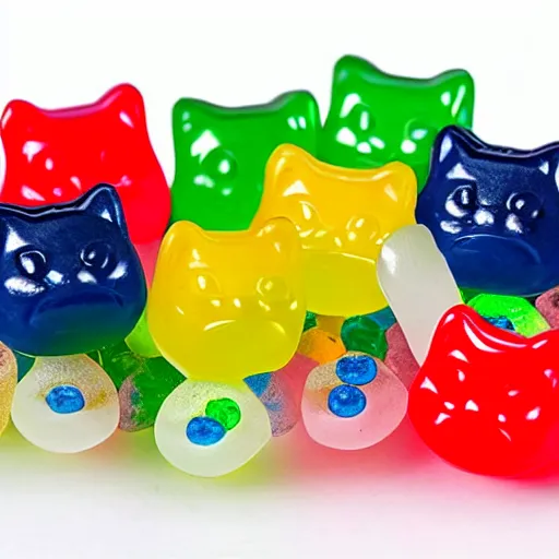 Prompt: gummy cats fight gummy bears with tooth pic swords, highly detailed, studio photo,