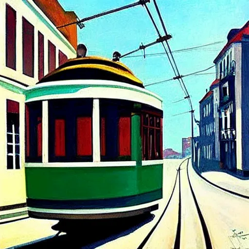 Prompt: street art. paralyzed by the indescribable beauty of the cosmos. amazing view of the tram from lisbon. art style by edward hopper daring, incredible